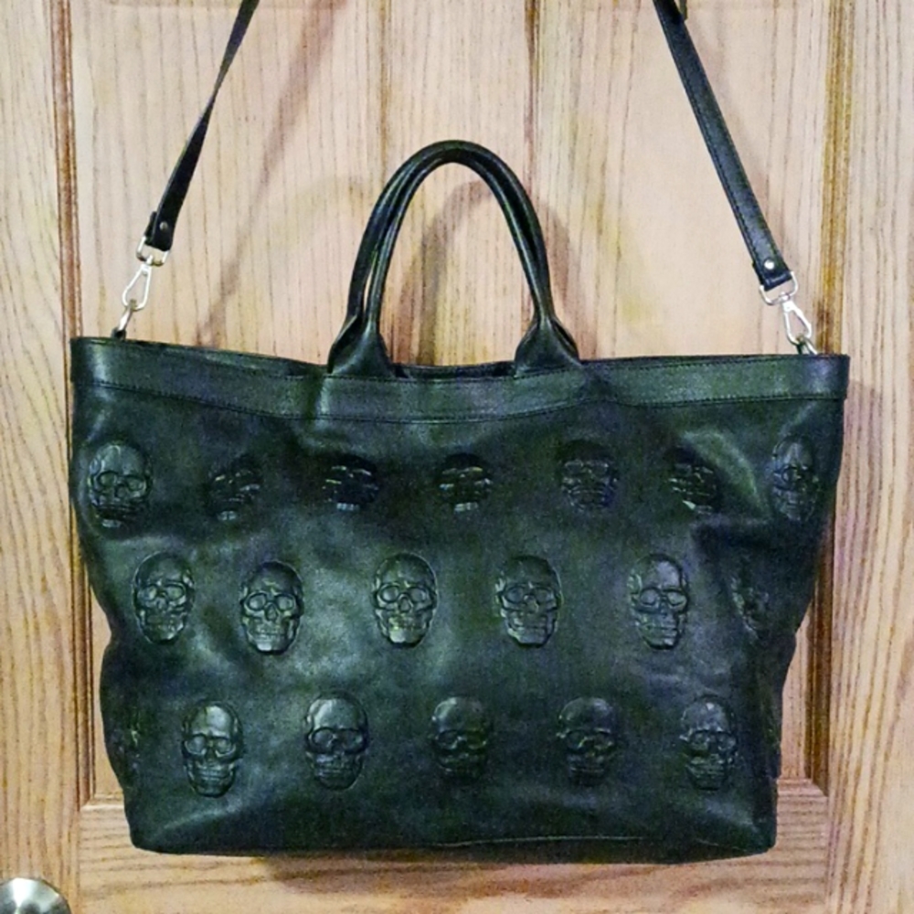 Antonio Cristiano Embossed Skulls Italian Black Leather Tote Bag